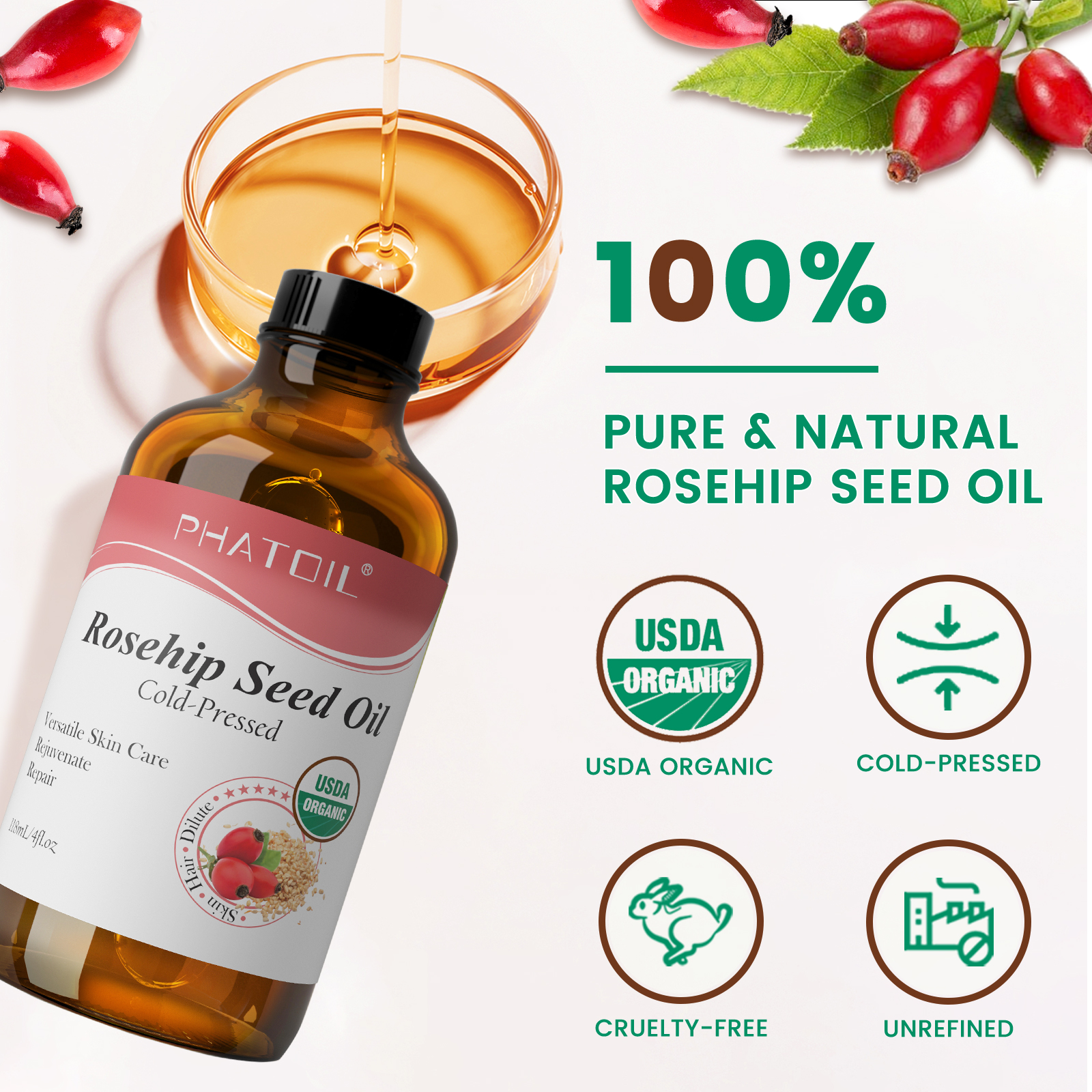 PHATOIL 118ml Organic Face Oil - Face Oil Rosehip 评论和价格